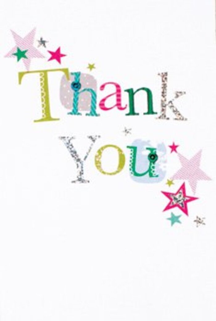 The thank you card unfolds like an artistic expression of joy and warmth, its arrangement of letters both whimsical and graceful, much like the relaxed elegance of a Biggin Hill summer gathering. Each character wears its own charm-some lively with playful dots, others swept with soft, curving lines or accented by mock-stitch borders-and all splash boldly in dynamic shades: vivid turquoise, sweet fuchsia, refreshing lime. Nearby, clusters of stars in sparkling pink, deep teal, and metallic silver hover playfully at the card's edges, imbuing the greeting with an air of celebration and cheer. The immaculate white ground feels almost airy, allowing the design room to breathe, reminiscent of the wide skies found near Biggin Hill Airport. The card achieves a gentle sophistication that never feels distant; it sits comfortably between formal and friendly, ready for any occasion-be it a thank you for a thoughtful gesture from a neighbour on Main Road or a heartfelt message at the close of a successful community event. Delivered alongside one of Biggin Hill's signature bouquets, it becomes a lasting memento of gratitude-charming, colourful, and full of personality.